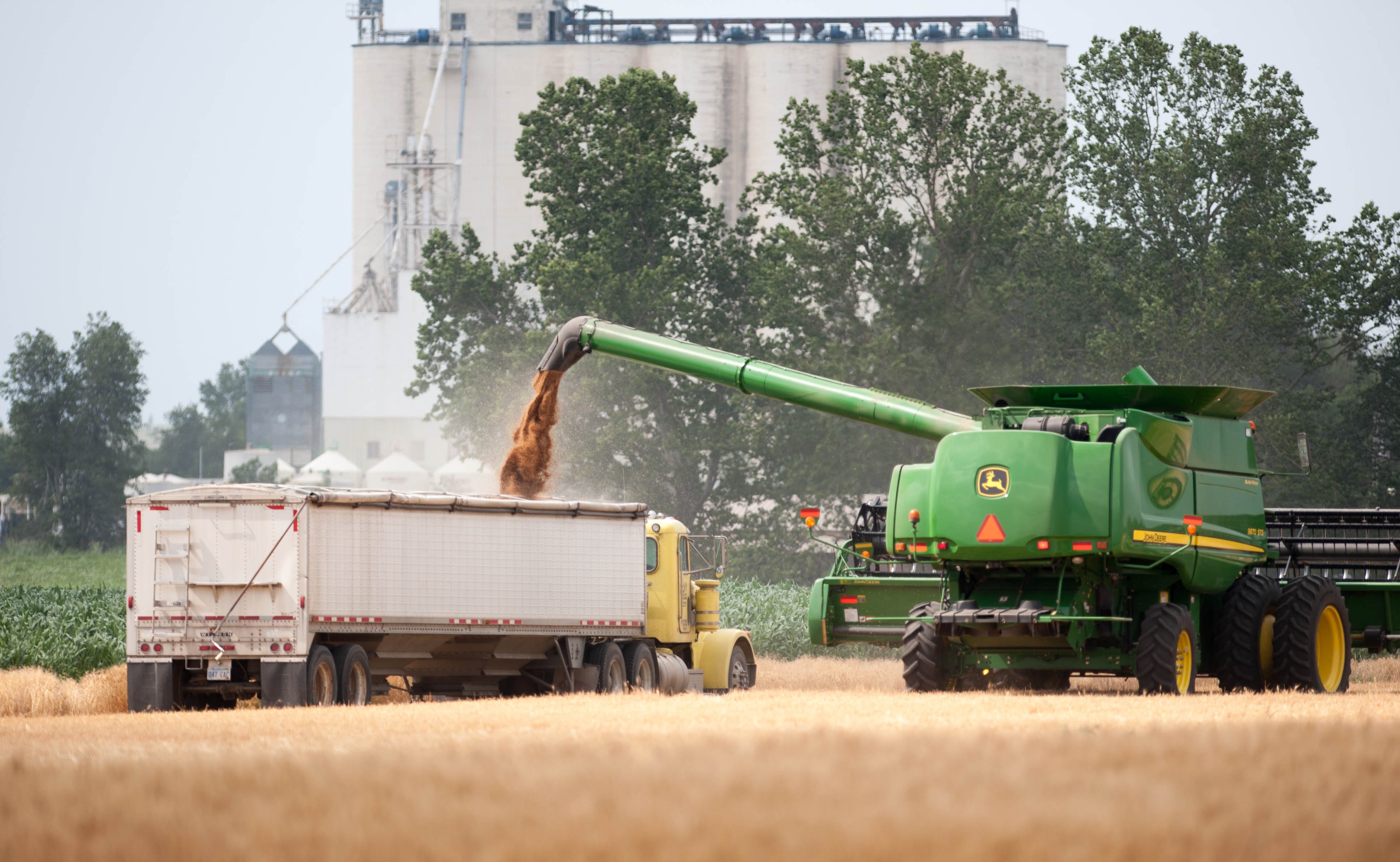A green combine harvester unloads grain into a yellow truck trailer in a wheat field. Silos and trees are in the background, conveying a busy, productive harvest.
